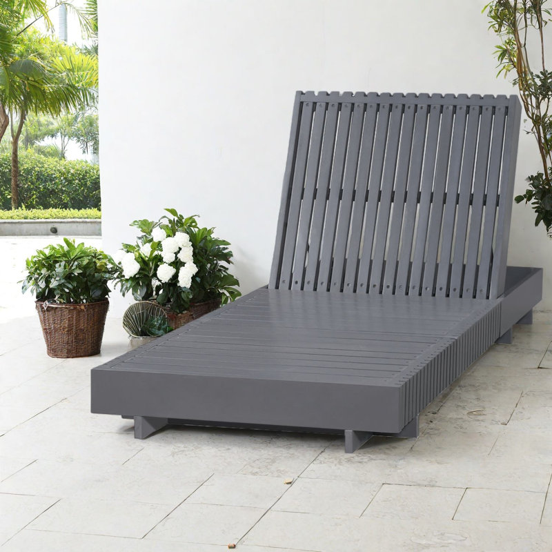 Modern Dark Grey Patio Chaise Lounge, Solid Acacia Wood For Garden