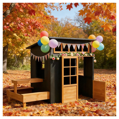 Maisonnette en bois pour enfants avec construction en bois de sapin et accents métalliques, finition naturelle et noire