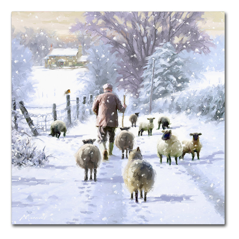Wrapped Canvas Wall Art - The Macneil Studio 'Winter Shepherd' Wall Art for Living Room, Bedroom, or Office Décor - 35x35