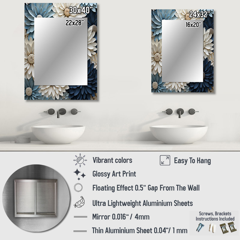 White and Blue zinnias Bounty - Zinnias Mirror, Traditional Unique Wall Mirror, Printed Metal Art, 40" x 30"