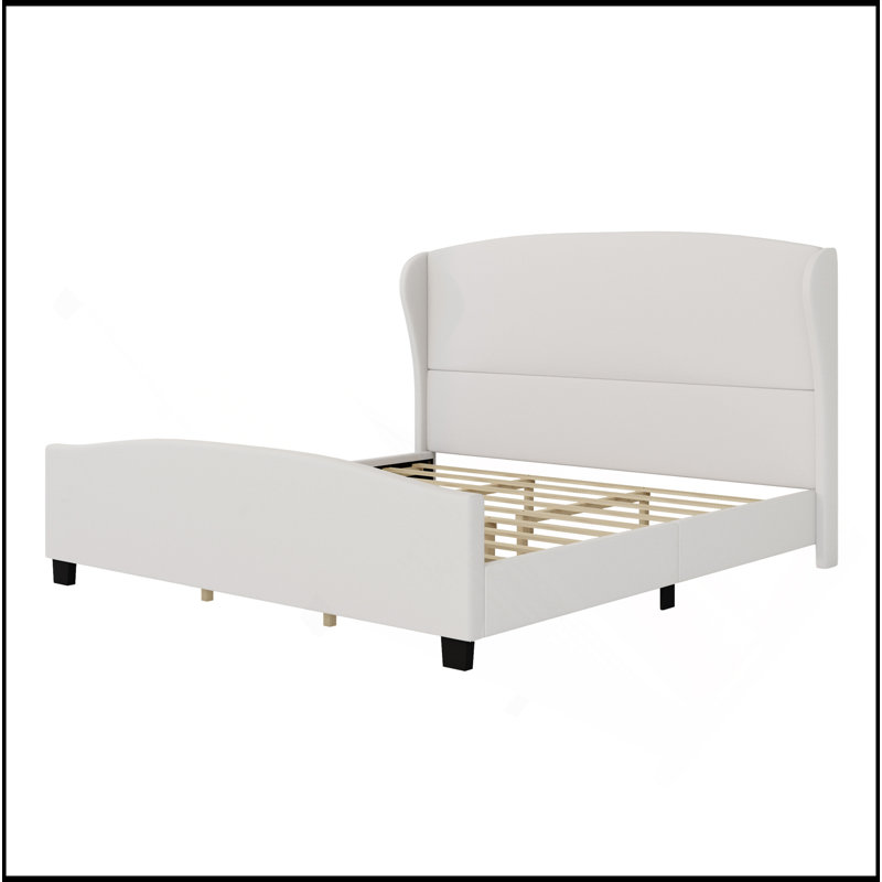 Lit rembourré en lin élégant et confortable avec structure robuste et matériau doux au toucher, Très grand lit, Beige