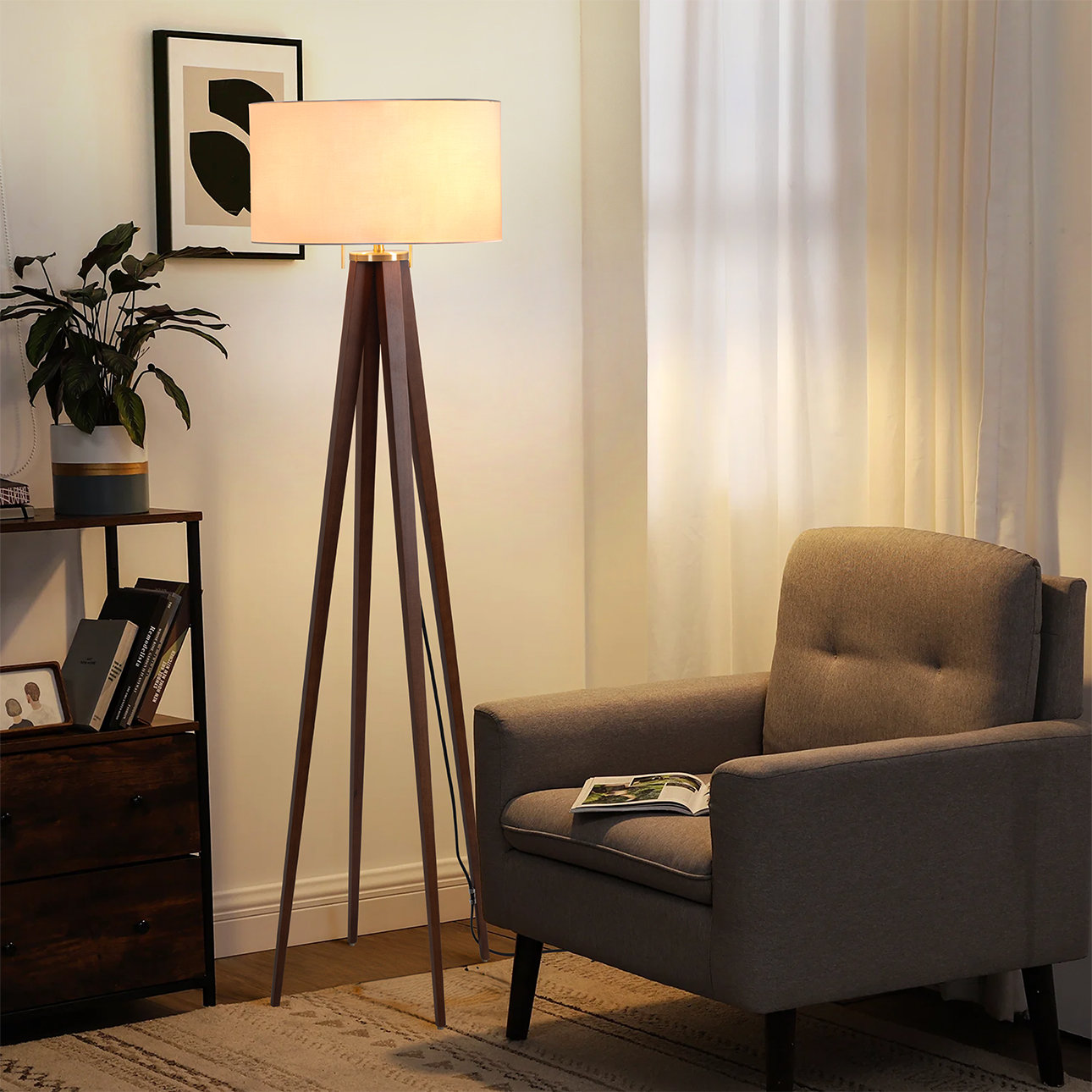 Quattro 61" Linen Floor Lamp, Dark Walnut