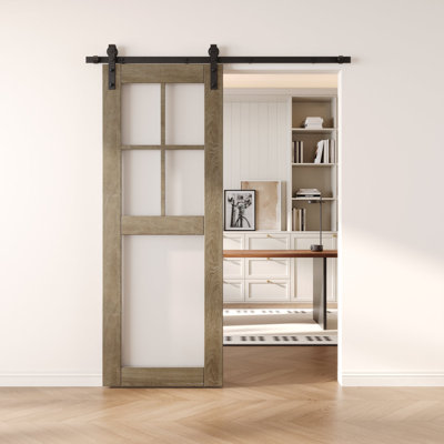 30x80 Classic Gray Color 5-Lite Frosted Glass Design Finished Unassembled Solid Wood Sliding Barn Door Only