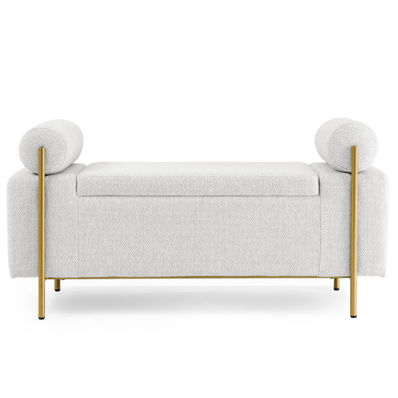 Comfortable Upholstered Linen Bench For Bedroom, Hallway, Living Room - White, With Iron Legs And Upholstery Storage Cylindrical Arms & Resilient Wooden Frame White Room, Hallway