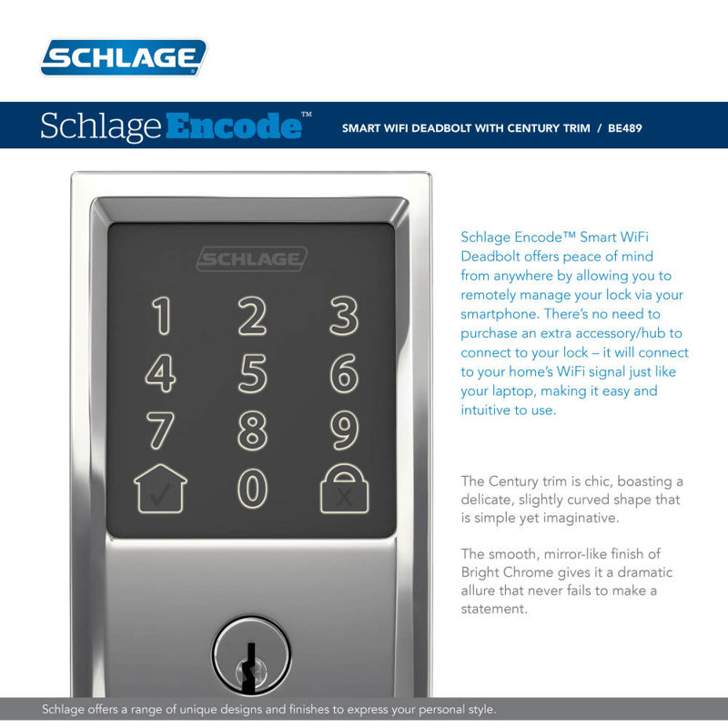 Encode Smart WiFi Deadbolt with Century Trim, Bright Chrome, Yes
