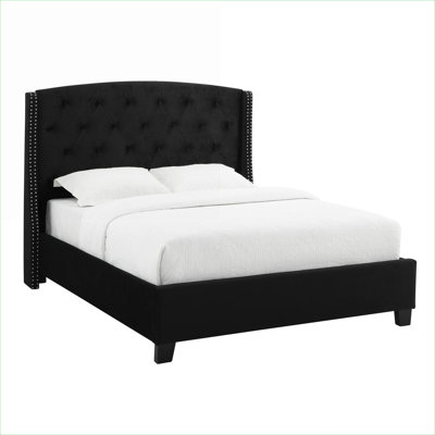 Queen Size Upholstered Bed For Master Or Guest Bedroom Contemporary Style Classic Black Wood And Fabric