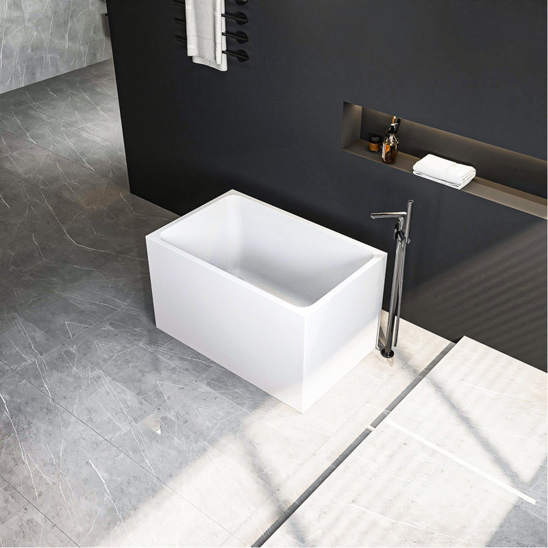 Baignoire autoportante en acrylique de 43 po, forme rectangulaire spacieuse, finition blanc brillant, trop-plein chromé et bonde escamotable certifiée CUPC