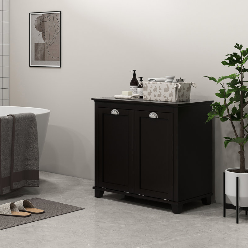 Dual Tilt Out Laundry Hamper Cabinet, Bathroom Storage. 2 For Washroom, Black. Modern Floor Cabinet With Generous Towel Storage Facility. Separate & Dark Items. Made, Water-. Toppling. Wall Mountable