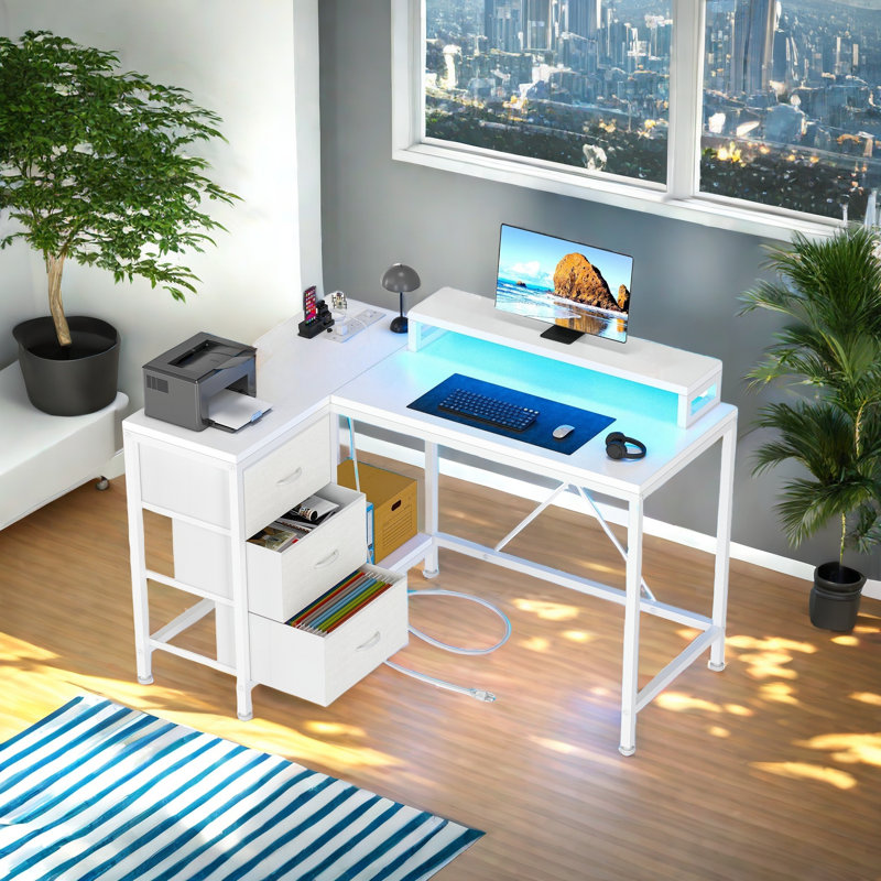 L-Shaped Metal Base Computer Desk, White