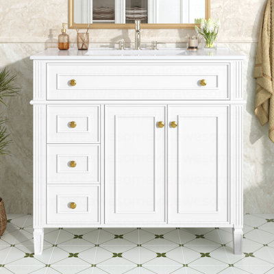 Meuble-lavabo de 36 po avec lavabo, armoire en bois massif blanc avec tiroir rabattable, 3 tiroirs et 2 portes à fermeture en douceur, poignées dorées et design moderne