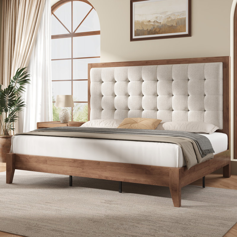 Behka Queen Solid Wood Platform Bed with Upholstered Tufted Headboard,Walnut, Queen, Walnut
