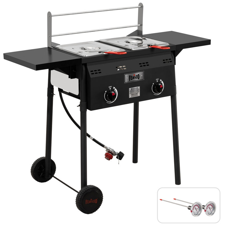 Feasto 4 Gallon Dual Tank Propane Gas Deep Fryer Cart with Foldable Side Tables, Stainless Steel for Outdoor Cooking