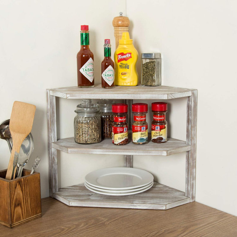 Solid Wood Kitchen Corner Shelf With 3 Tier Storage, Rustic Brown Washed Spice Rack And Condiment Organizer For Counter Top