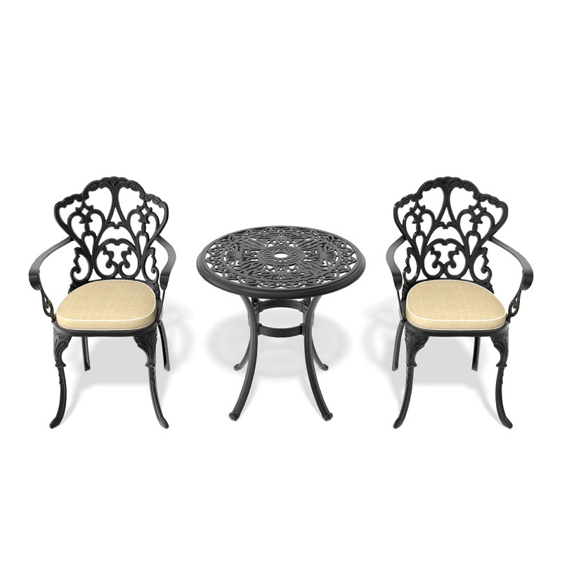 Ensemble de meubles de patio en aluminium coulé avec cadre noir et coussins de siège blanc cassé, 2