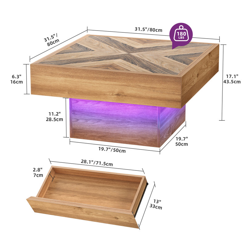 LED Square Coffee Table With 2 Sliding Drawers Storage For Living Room, Brown, Brown