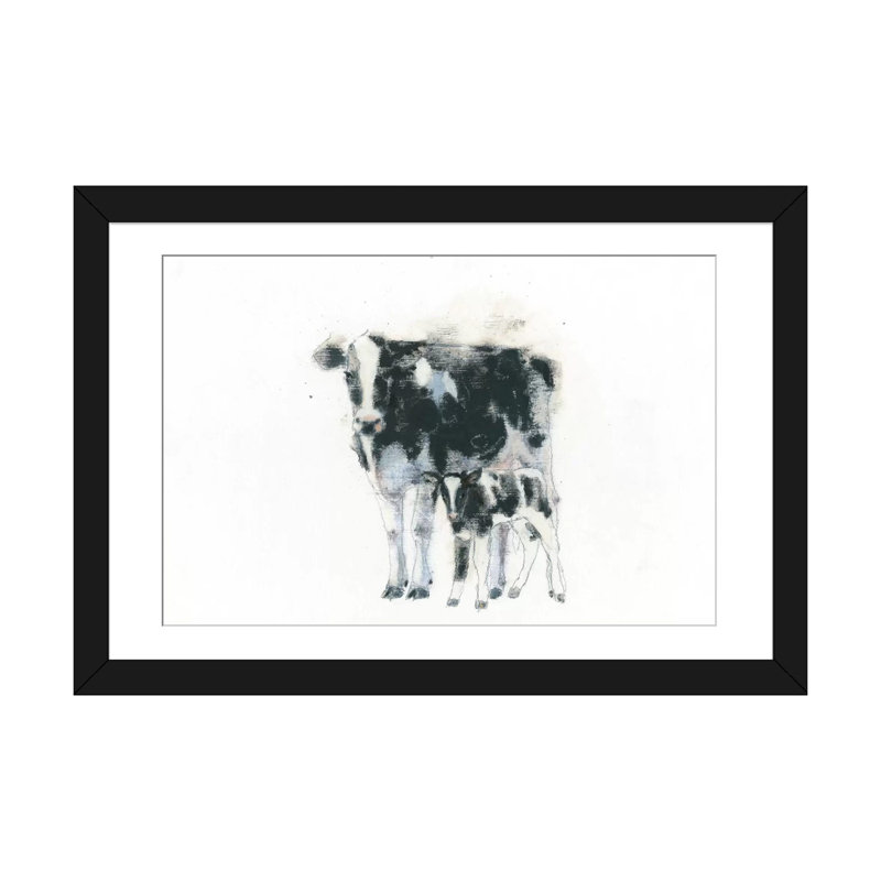 Vache et veau, impression sur toile tendue, H 24 po x l 32 po x P 1 po, Papier d'art encadré noir, Blanc
