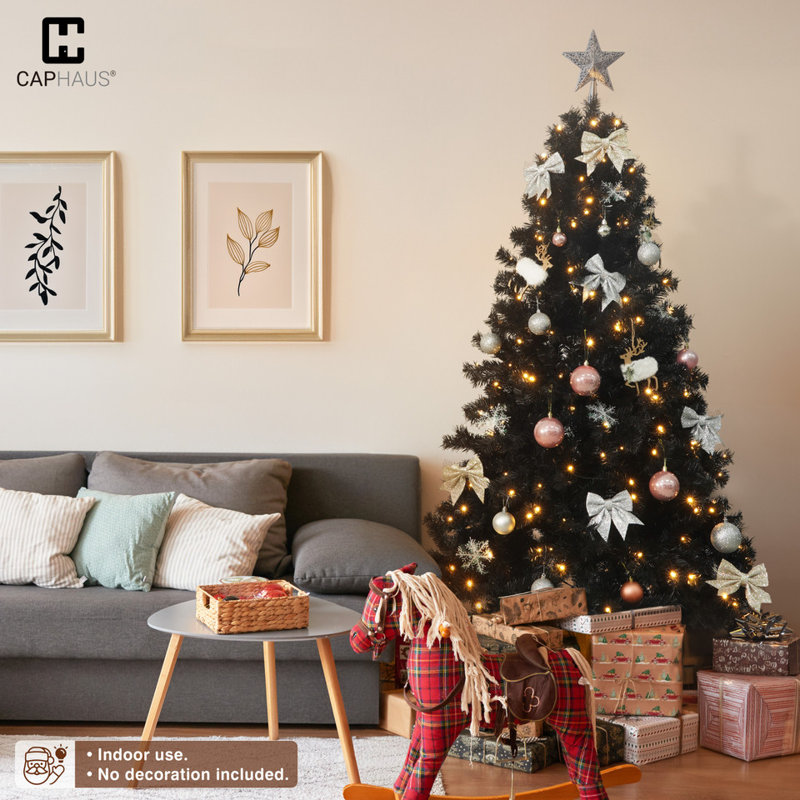 Arbre de Noël artificiel noir 4,5 pi avec 175 lumières DEL, 362 branches, feuilles plates, pré-articulé, 4.5'