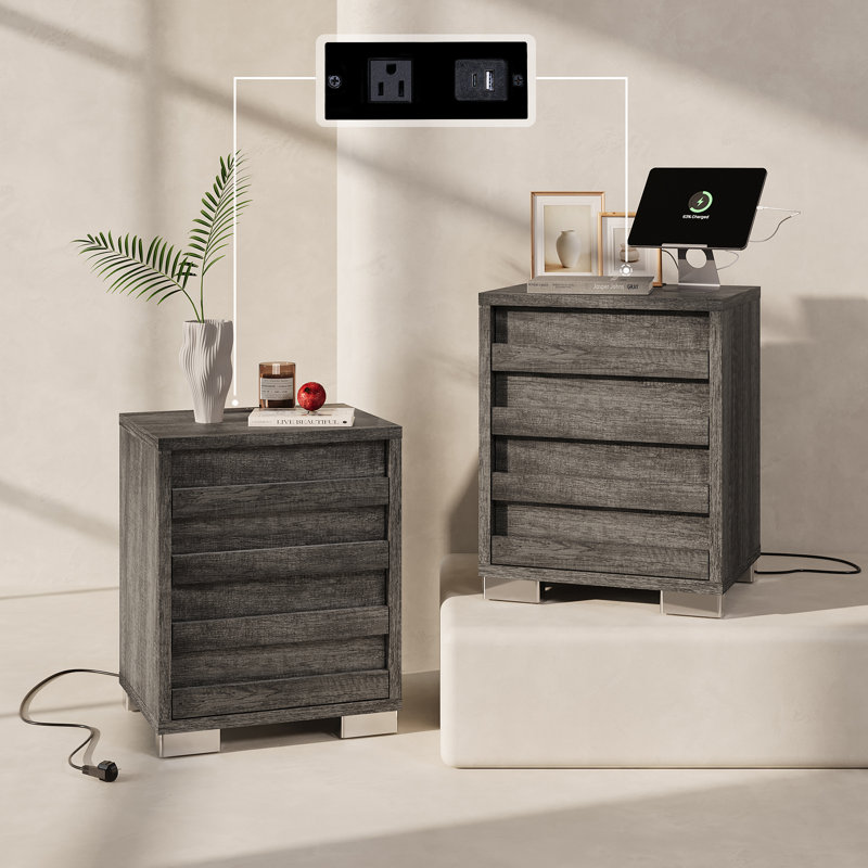 Ashara Farmhouse 2 Nightstands with Charging Station, Rustic Gray
