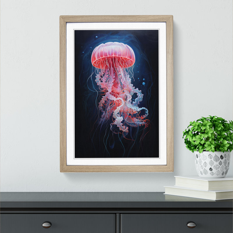 Jellyfish Hard Edge Painting - Single Picture Frame Print on Wood, 34cm H x 25cm W x 2cm D, Oak Framed