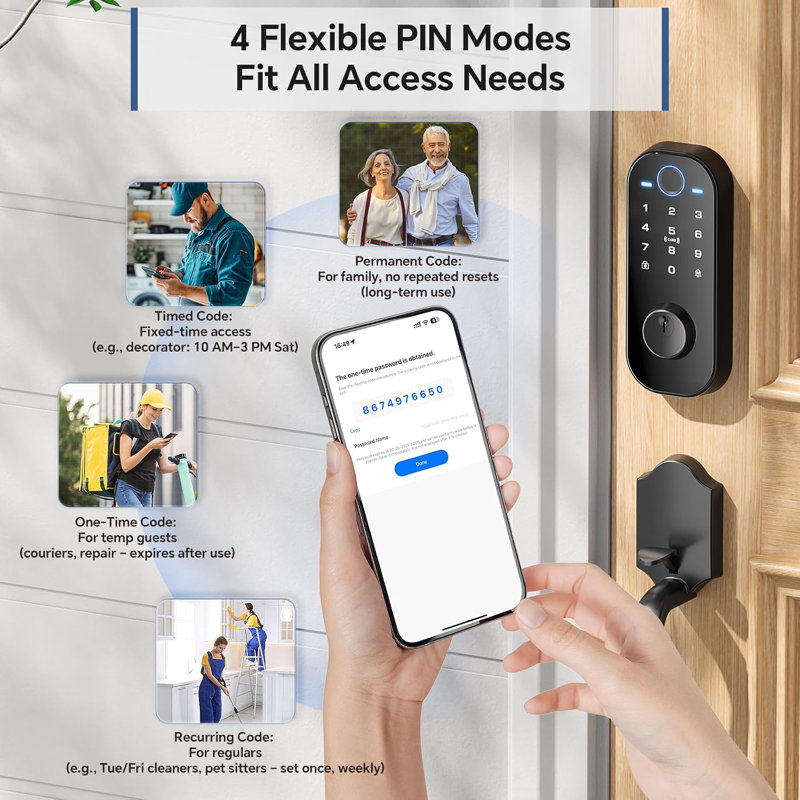 DL08H 7-in-1 Fingerprint Smart Door Lock for Front Door with Handle App Control, Remote Access Sharing, Touchscreen Keypad Deadbolt, Auto‑Lock, 5 Keys & 2 Fobs, USB‑C Port, ANSI 3 Security
