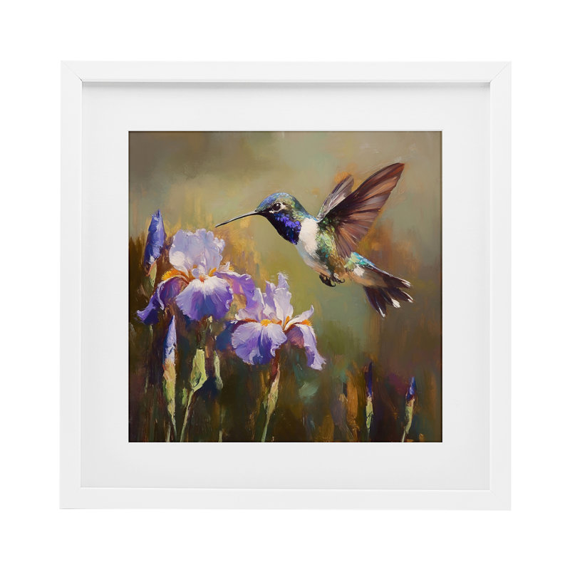 Colibri et iris mauves, reproduction sous verre encadrée, design par Tina LeCour, H 16 po x l 16 po, Cadre blanc côtier