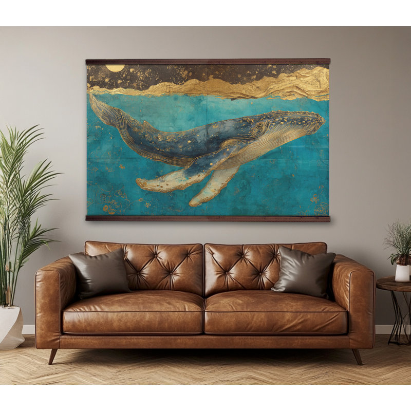 Art mural sur toile de baleine bleue - tapisserie de baleine côtière, H 32 po x l 48 po
