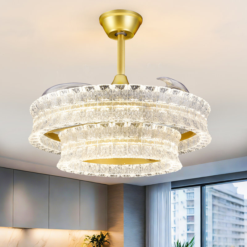 Luxury Crackle Crystal Ceiling Fan Chandelier, 24" Gold Fandelier with Invisible Blades, Dimmable LED Fan Light with Remote for Modern Home Decor