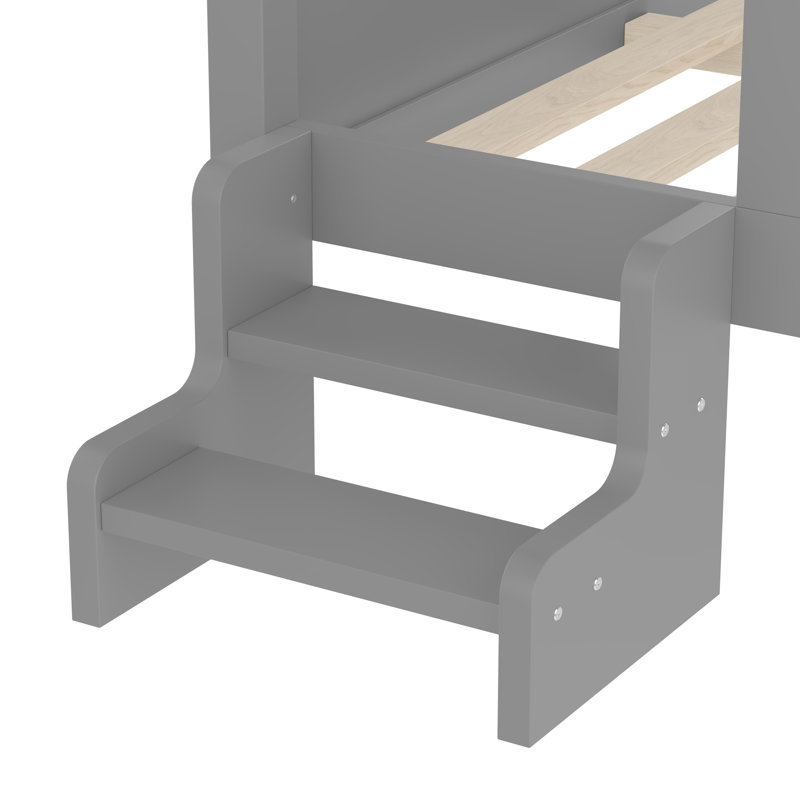 Lit multifonctionnel en bois massif avec toit étoile moderne et rangement, gris