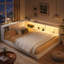 Grand lit de jour en bois avec tablettes de rangement, USB et DEL, blanc-976759653