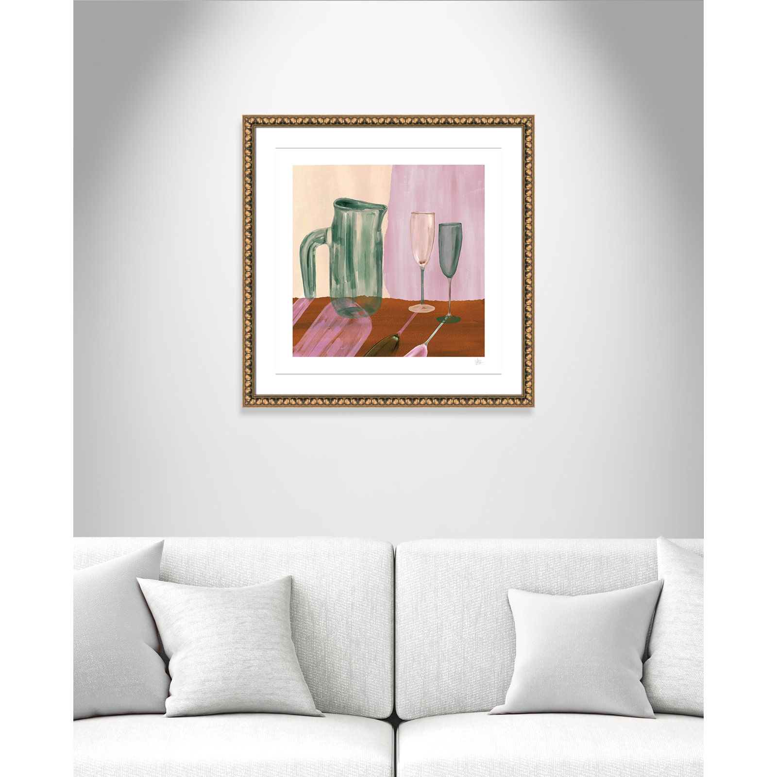 Jug and Champagne Flutes Print by Violets Print House, 28.5'' W x 28.5'' H, Matted Print, Gold Leaf Beads