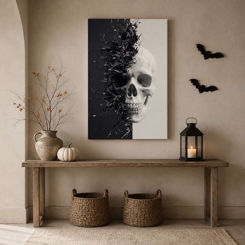 Art mural sur toile, crâne blanc craquelé se dissolvant en feuilles noires, H 18 po x l 12 po