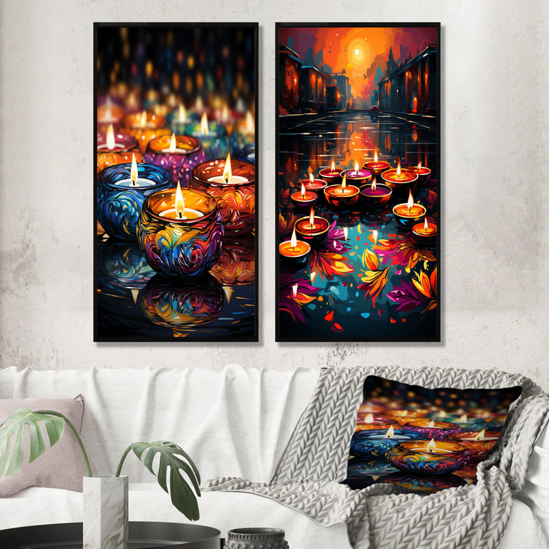 «Indian Art Diwali Lights II», ensemble de 2 reproductions d'art sur toile, Cadre flottant noir, H 32 po x l 33 po