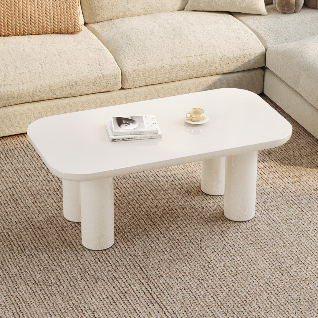 95 cm Cream White Rounded Rectangular Coffee Table, 4-Leg Modern Centre Table for Living Room