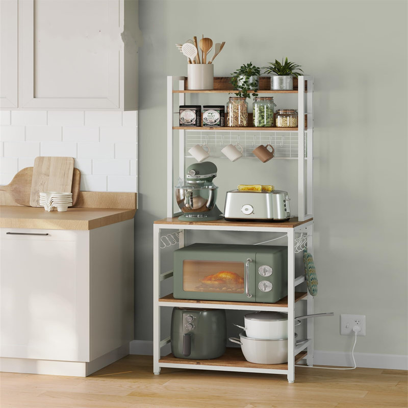 Kitchen Storage Rack With Power Outlet, Coffee Bar, Baker's Rack, With Metal Wire Panel,For Microwave, Steel Frame