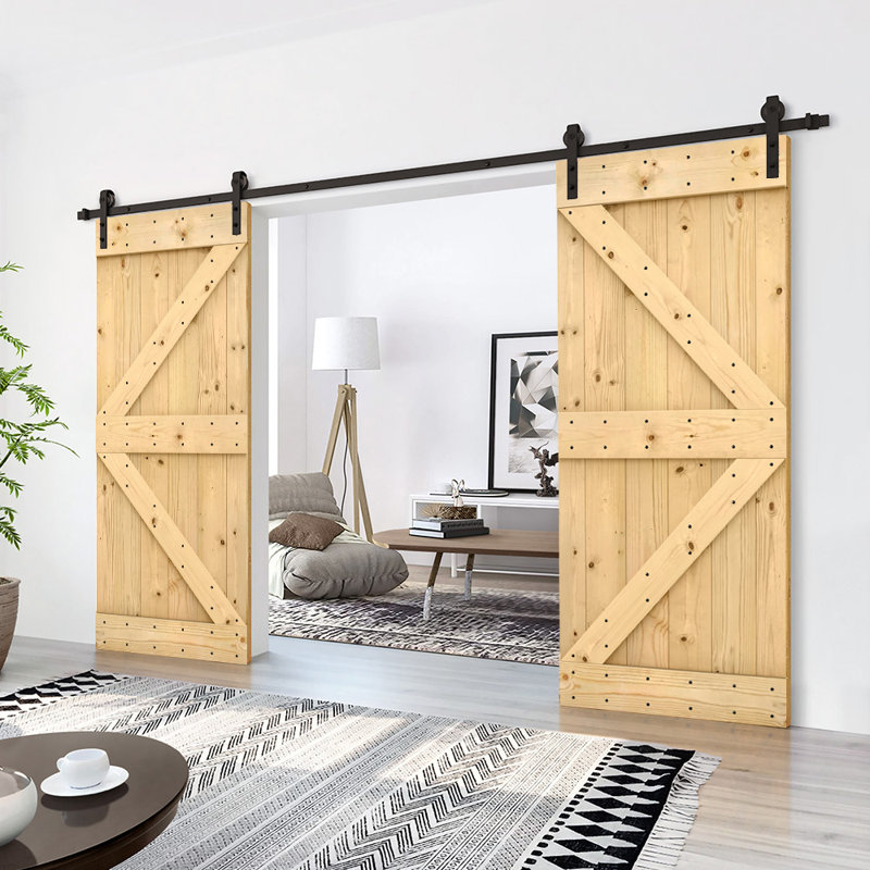 Porte de grange double à panneaux en bois teinté K Series avec ensemble de quincaillerie coulissante, 40 po x 84 po