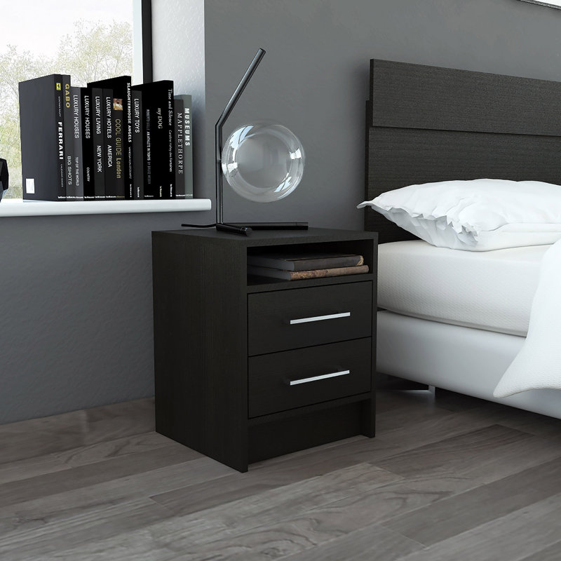 Eter Compact Nightstand with Two Drawers and One Shelf, Minimalist Bedroom Bedside Storage, Black