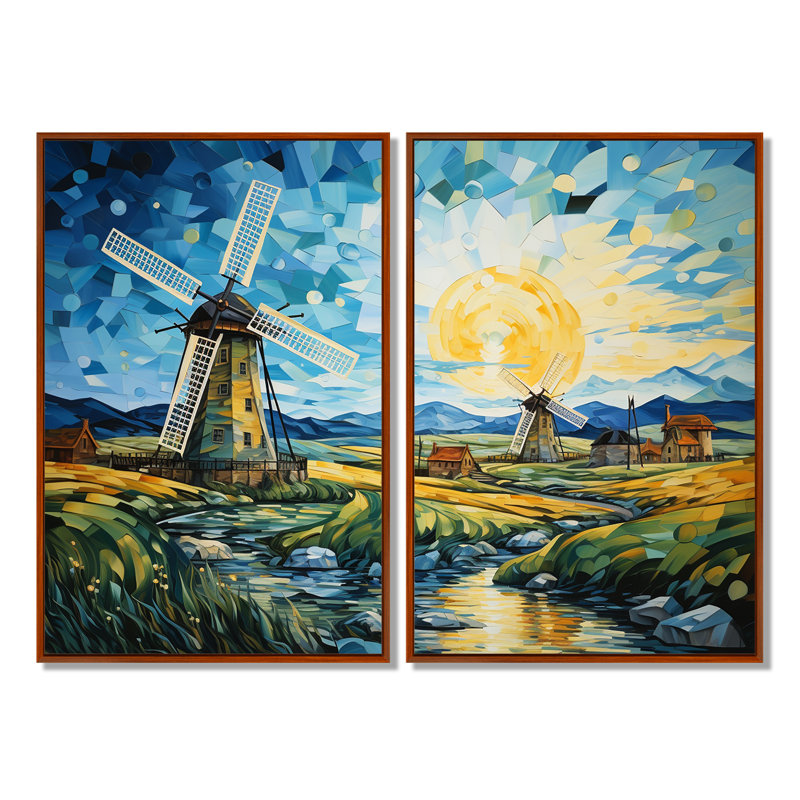 «Blue Calm Windmill Meadows», art mural industriel, Brown, 36" H x 48" W, Impression encadrée flottante