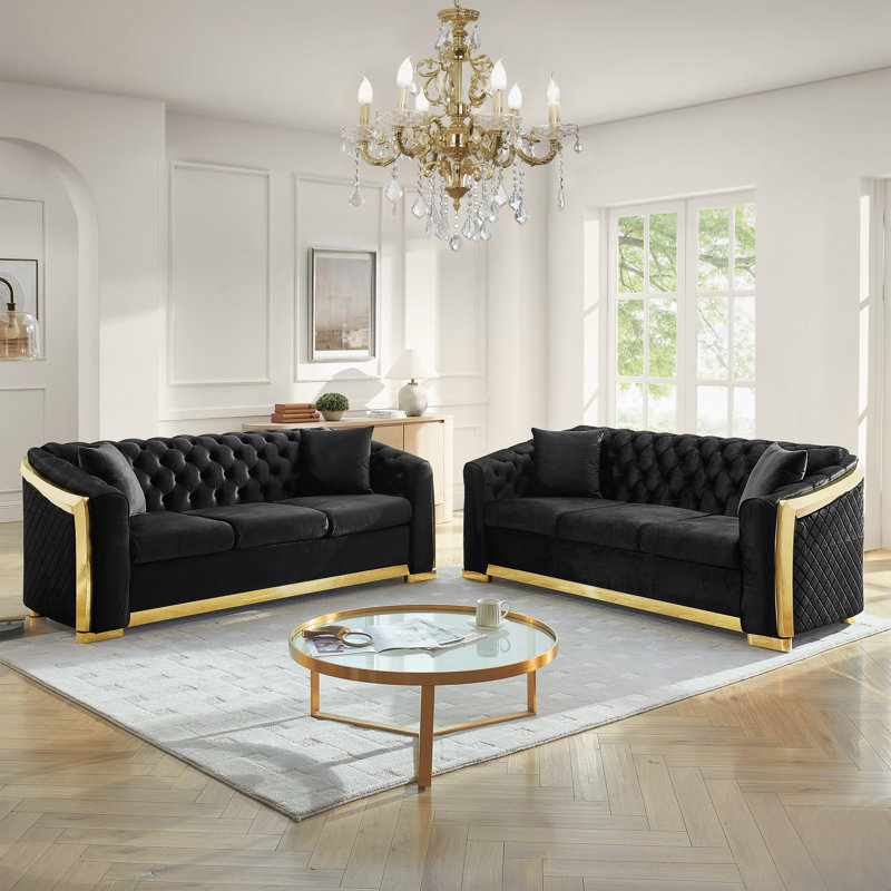 Ensemble de salon en velours 2 pièces avec pieds dorés Edmond, Black