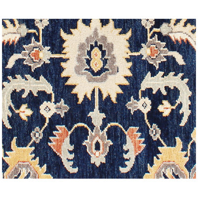 Hand-Knotted Navy & Beige Wool Area Rug 9' x 12' ft– Traditional Persian Floral Medallion Oriental Carpet for Living Room & Bedroom