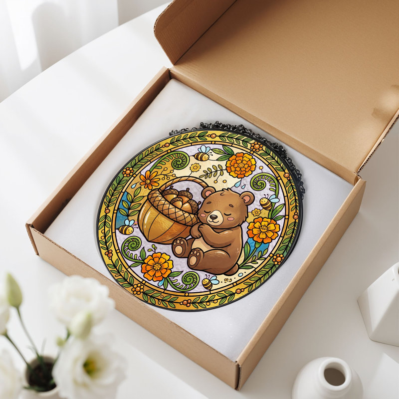 Panneau de vitrail en forme de panier d'ours H 12 po, H 12 po