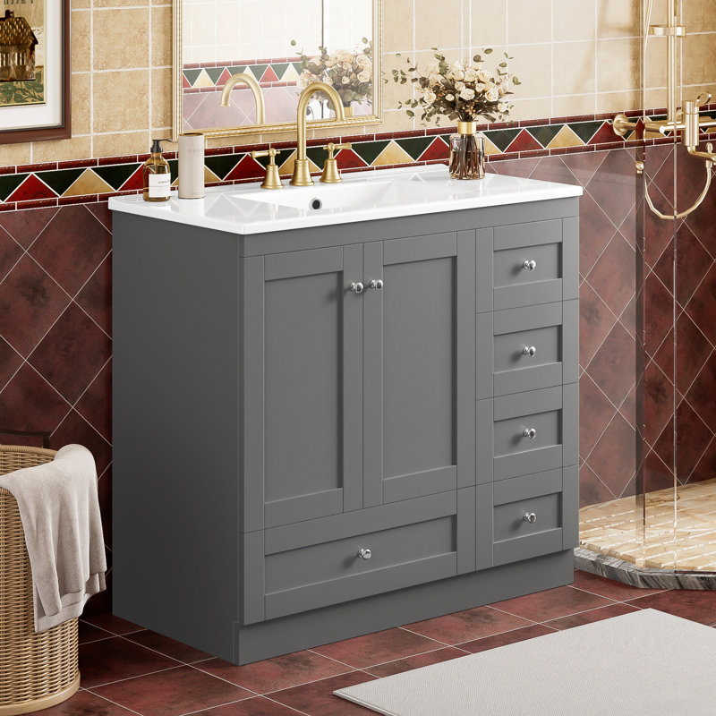Armoire de salle de bain sur pieds 36 po avec lavabo en céramique, 4 tiroirs à fermeture en douceur et 2 portes à fermeture en douceur Shaker