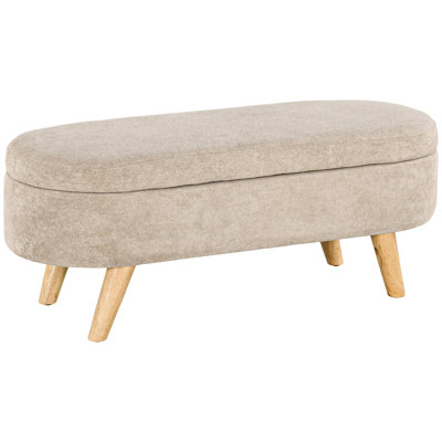 Banc de rangement beige rembourré - 110 cm, pieds en bois, revêtement polaire, compartiment caché, entrée moderne avec assise rembourrée, revêtement en tissu.