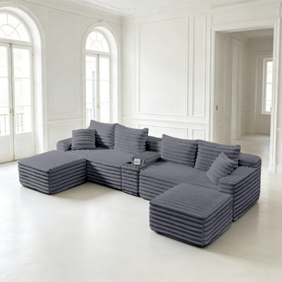 127" U-Shaped Compressed Boneless Sectional Sofa with Ottoman and Console,No Assembly Required