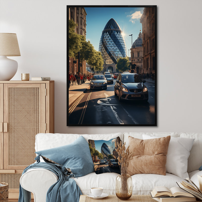 Imprimé noir et beige de London City -, H 40 po x l 30 po x P 1,5 po, Cadre flottant noir