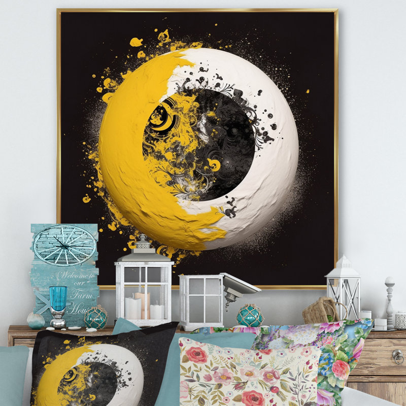 Yellow White Yin And Yang On Canvas Print, 36" H x 36" W x 1.5" D, Gold Floater Framed