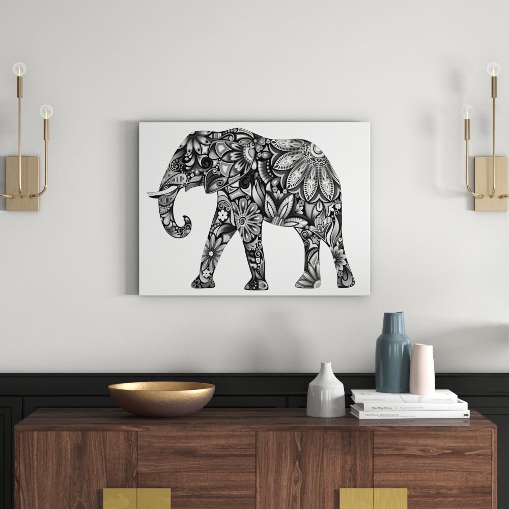 Elefant mit Dekorationen Kunstdruck auf Leinwand in Monochrom