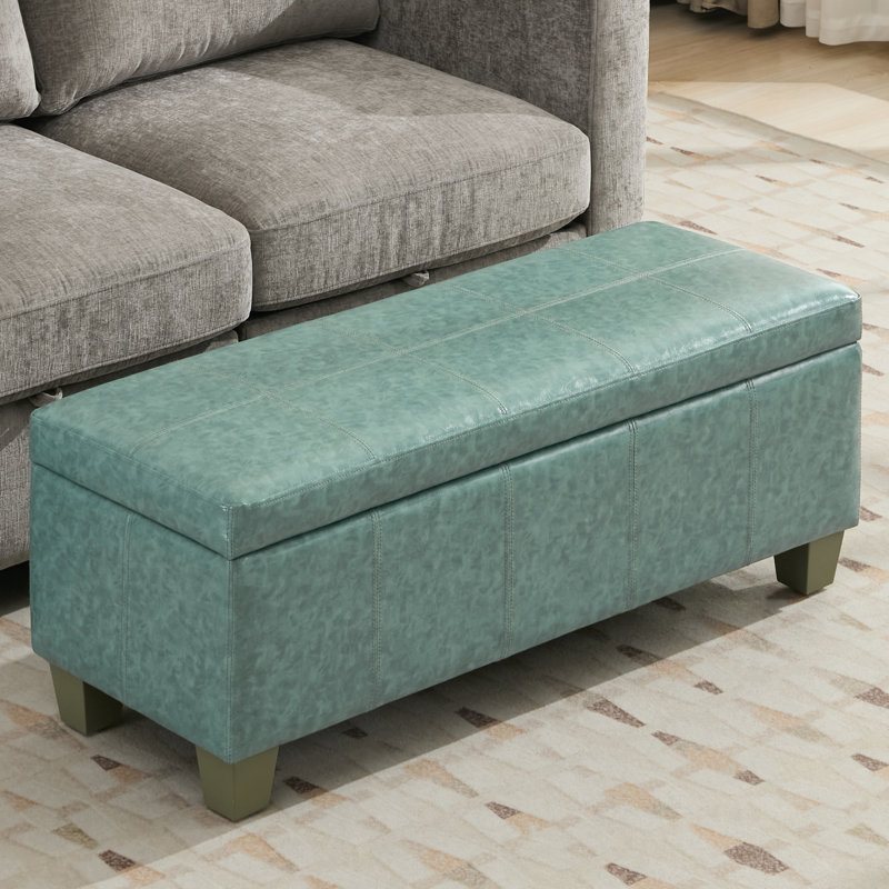Green Faux Leather Tufted Storage Ottoman with Wooden Legs