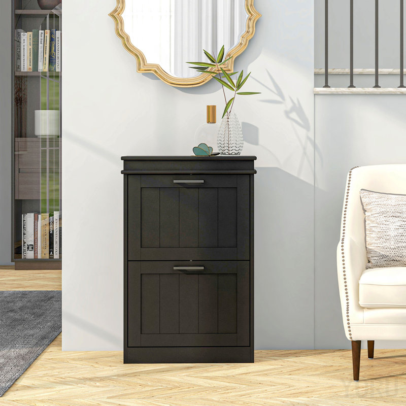 Armoire à chaussures mince, 2 tiroirs rabattables, tablettes réglables pour le vestibule - standard, Black