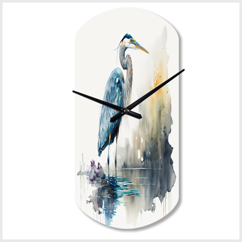 Mignon héron dans un lac, art floral III - horloge asymétrique en métal, horloge murale moderne en métal, Petit