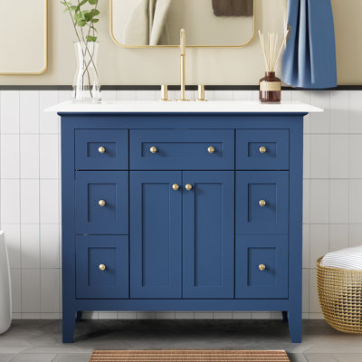 Armoire de salle de bain moderne autoportante simple avec 6 tiroirs et 2 armoires